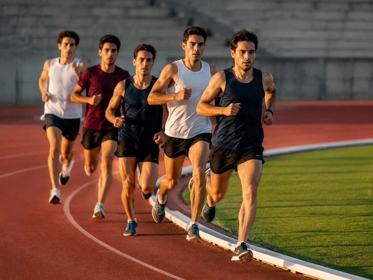 Grupa dorosłych biegaczy na wirażu bieżni lekkoatletycznej w trakcie biegu średniodystansowego, prowadzący przy białym krawężniku, pozostali stłoczeni tuż za nim