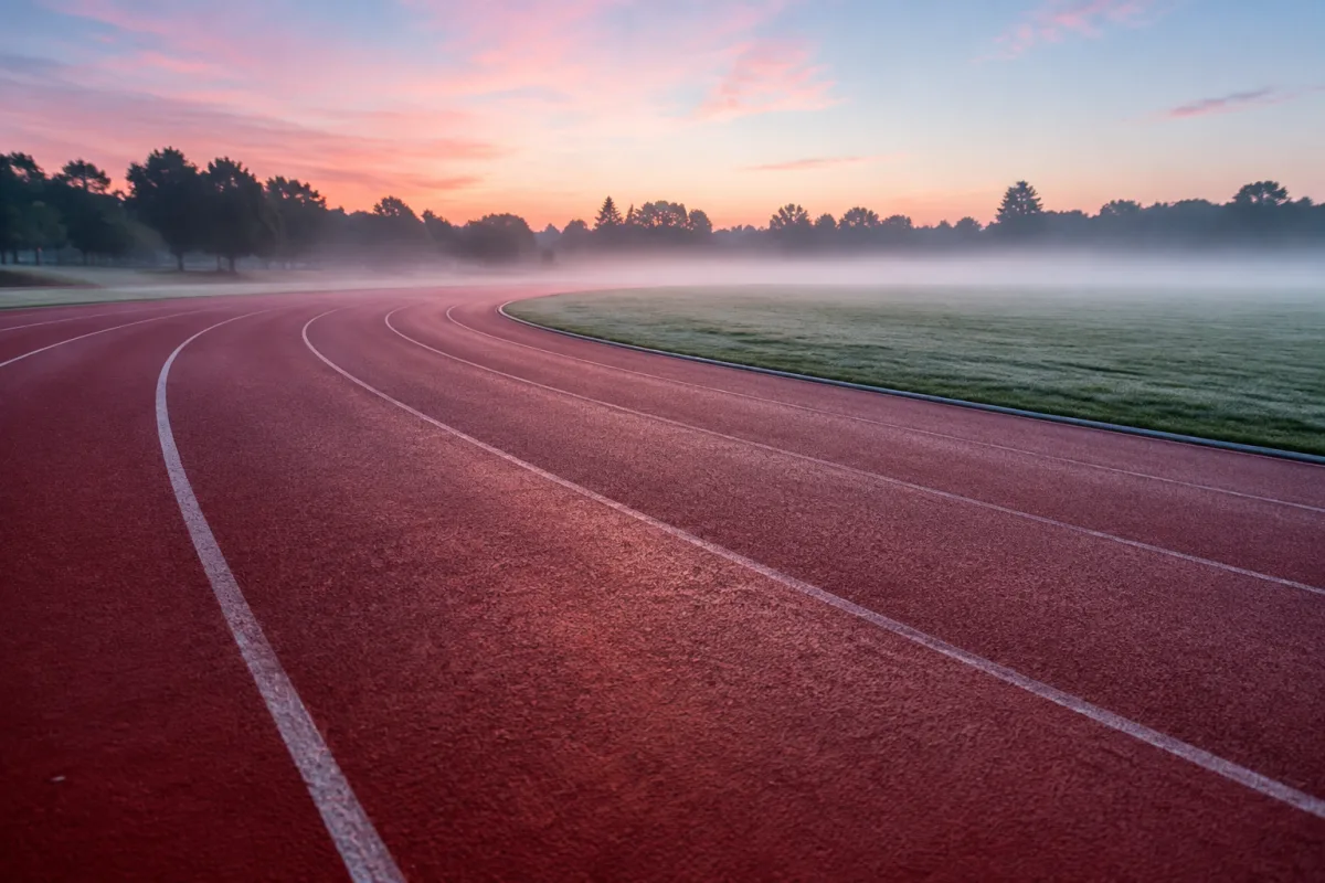 Pusta bieżnia lekkoatletyczna o świcie, ujęcie nisko przy ziemi wzdłuż toru pierwszego, mgła nad trawą w środku obiektu