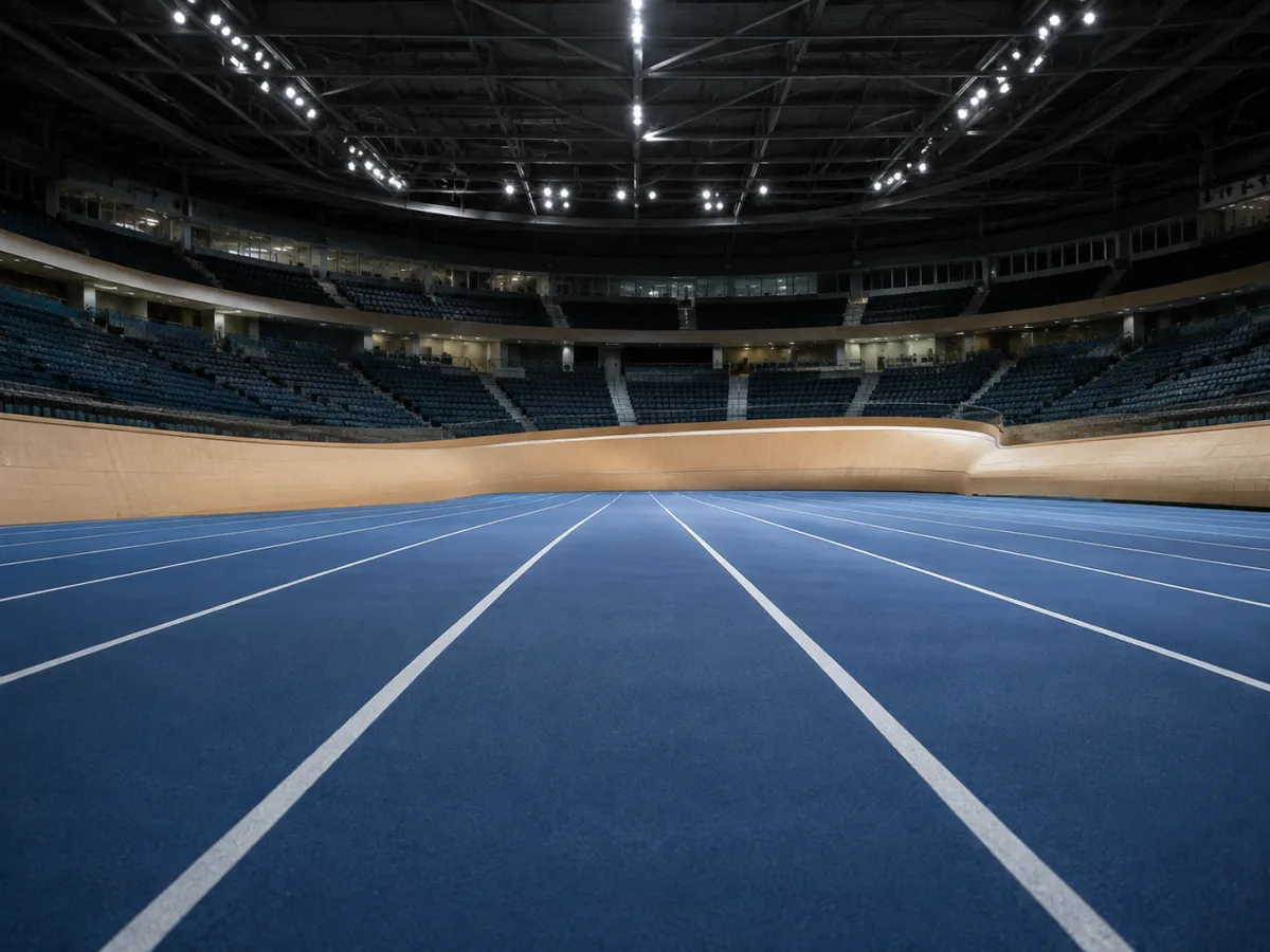 Wnętrze pustej hali lekkoatletycznej, ujęcie wzdłuż krótkiej prostej sprinterskiej, niebieska nawierzchnia, wiraż z przechyłem w tle, puste rzędy krzesełek