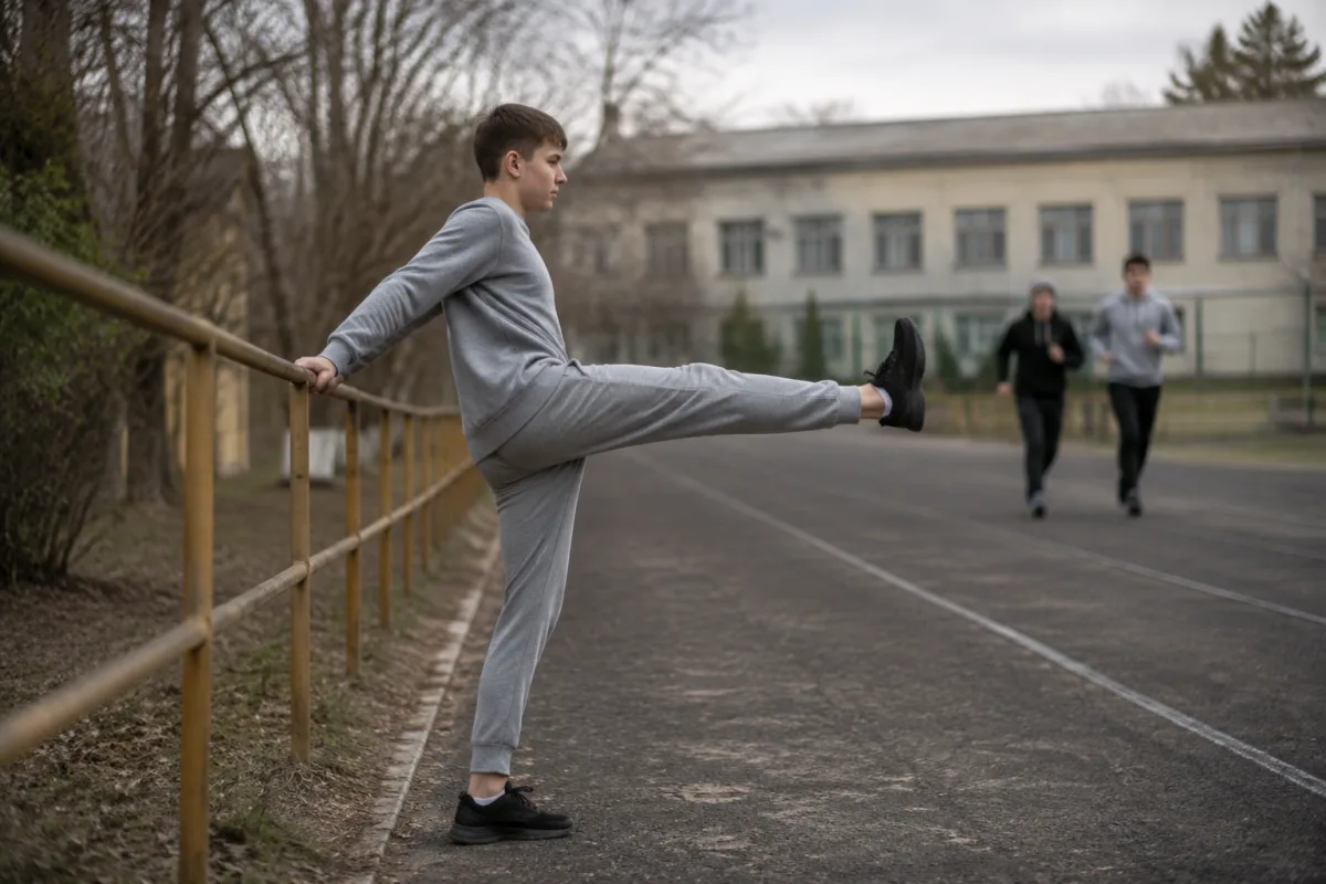Nastolatek w zwykłym szarym stroju sportowym wykonuje dynamiczny wymach wyprostowaną nogą, trzymając się barierki na skraju szkolnej bieżni