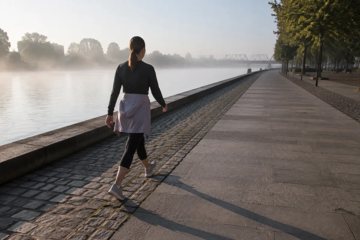 Kobieta w stroju sportowym idzie szybkim marszem szeroką nadrzeczną promenadą w porannym świetle, ujęcie od tyłu, długi cień na chodniku