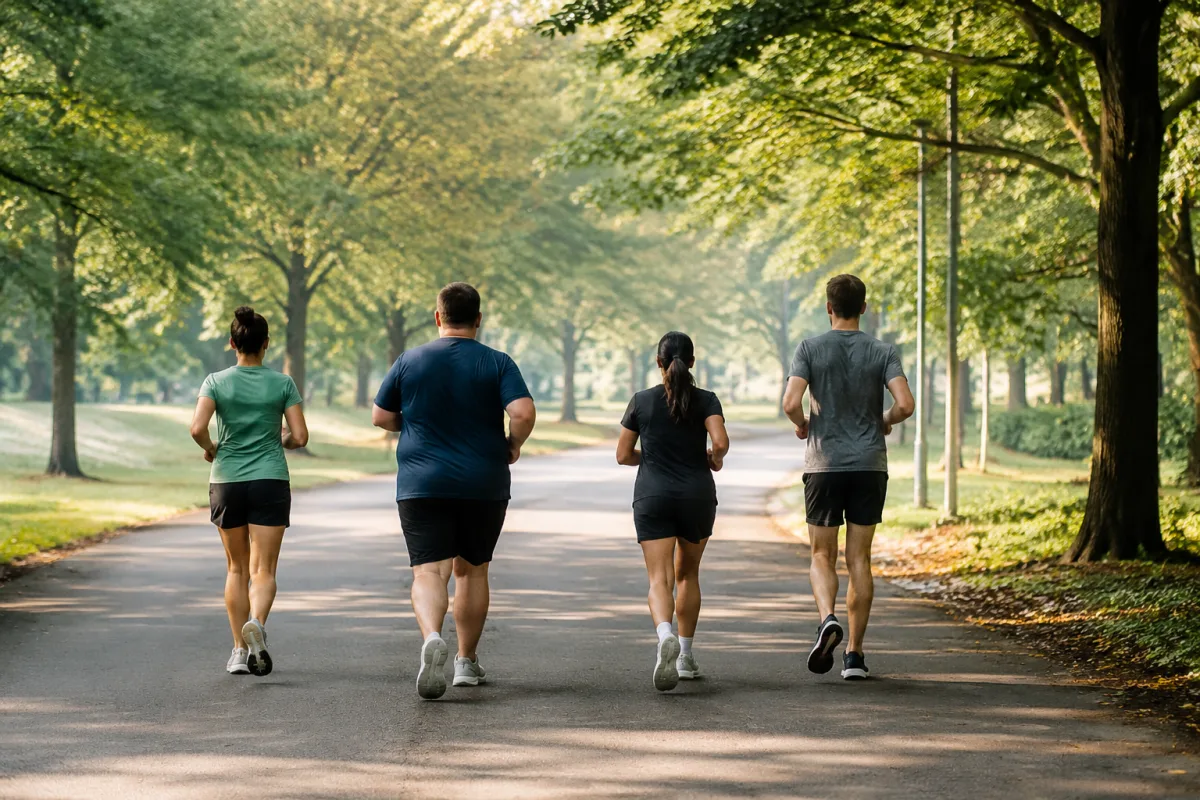 Czworo dorosłych biegaczy rekreacyjnych o wyraźnie różnej budowie ciała biegnie obok siebie szeroką parkową alejką, ujęcie od tyłu, zwykłe stroje sportowe, poranne światło