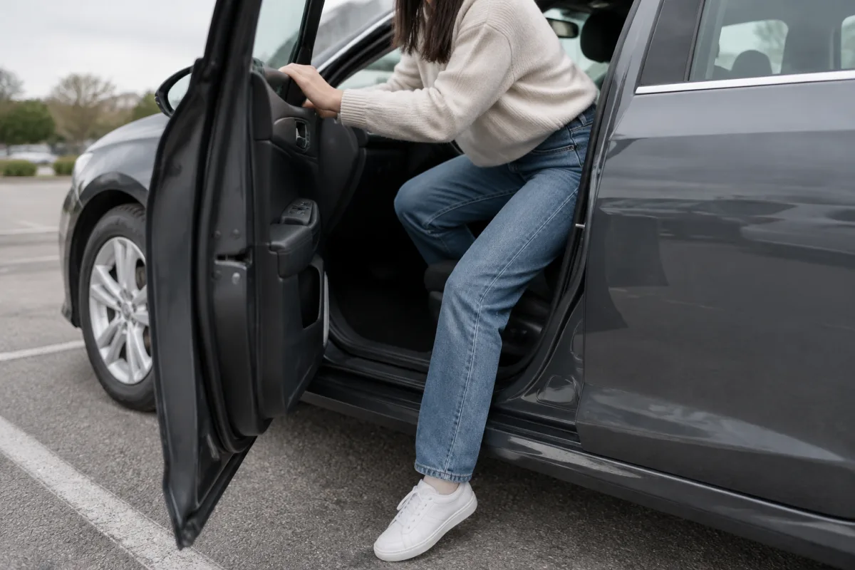 Osoba wysiada z niskiego samochodu osobowego na parkingu, jedna noga już na ziemi, tułów pochylony do przodu, biodro drugiej nogi wciąż mocno zgięte w siedzeniu, dłoń oparta o ramę drzwi