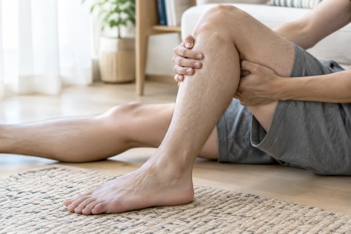 Osoba siedzi na podłodze w salonie z jedną nogą zgiętą w kolanie pod kątem prostym, stopa płasko na dywanie, obie dłonie obejmują kolano od tyłu, palce oparte na brzegach dołu podkolanowego, miękkie światło dzienne z okna