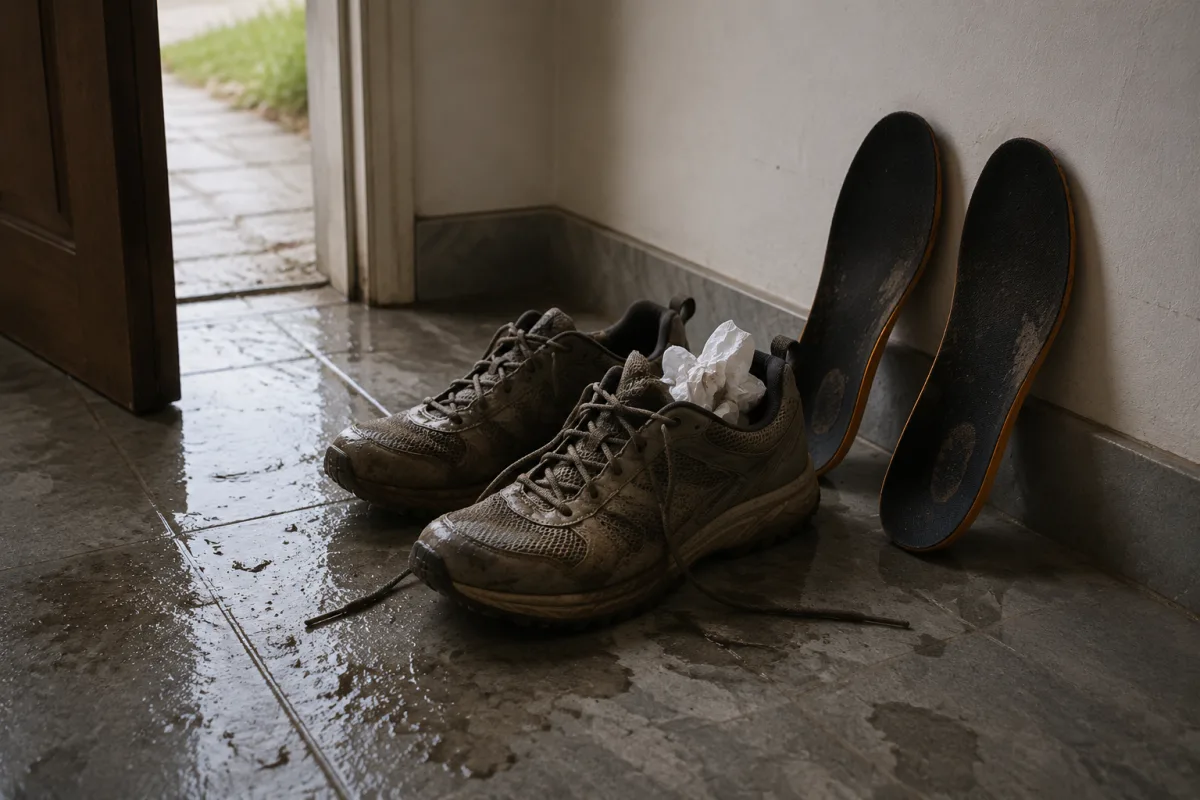 Dwa mokre, nieoznakowane buty terenowe z rozluźnionym sznurowaniem stoją na kamiennej posadzce w przedpokoju, wkładki wyjęte i oparte o ścianę, w jednym bucie zwinięty papier, przez uchylone drzwi wpada światło