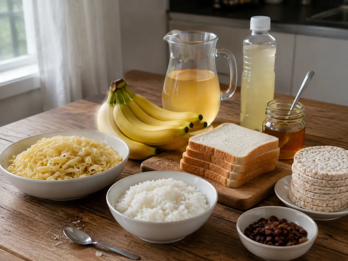 Kuchenny stół zastawiony jedzeniem na dobę ładowania węglowodanami: talerz makaronu, miska białego ryżu, jasne pieczywo z miodem, banany, wafle ryżowe, dzbanek soku jabłkowego i butelka napoju sportowego