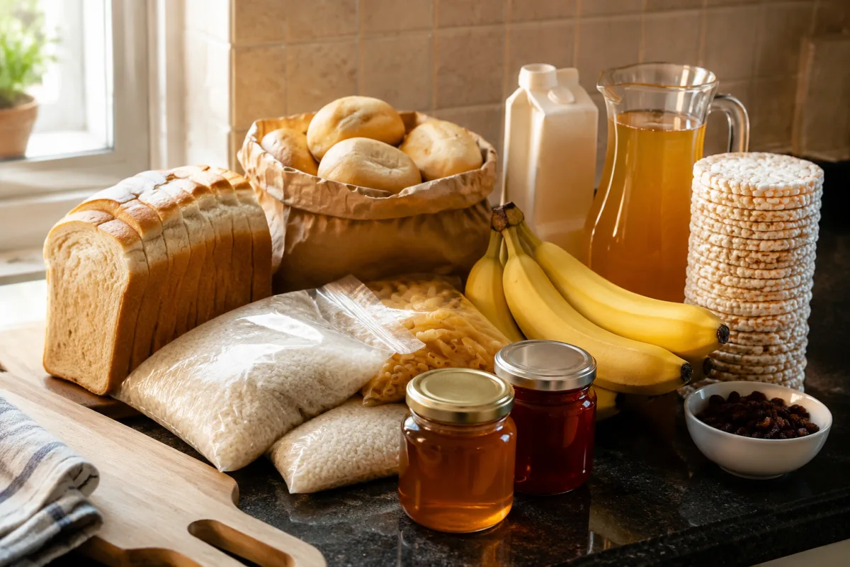 Blat kuchenny z zapasami na dwa dni ładowania: biały chleb, torebki ryżu i makaronu, słoik miodu, karton soku jabłkowego, kiść bananów i wafle ryżowe, poranne światło z okna