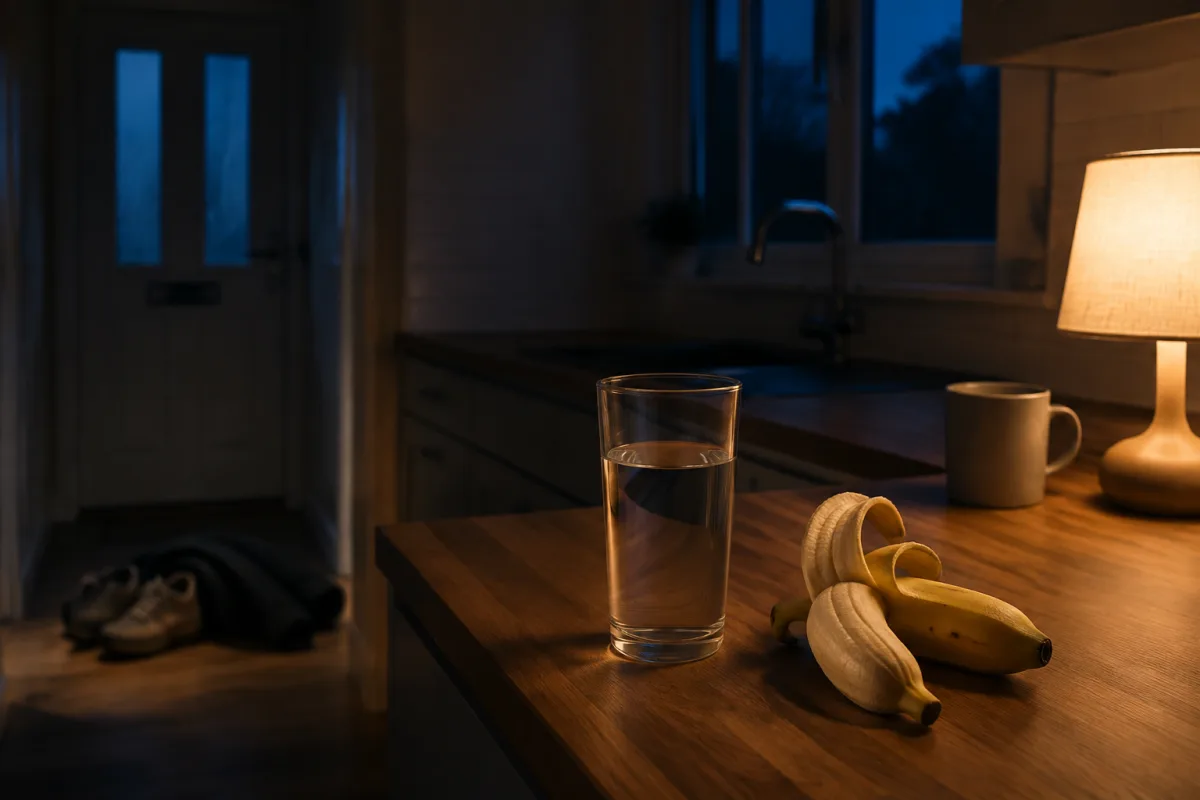 Ciemna kuchnia przed świtem, na blacie stoi szklanka wody i obrany do połowy banan, w tle przy drzwiach stoją buty do biegania, ciepłe światło małej lampki