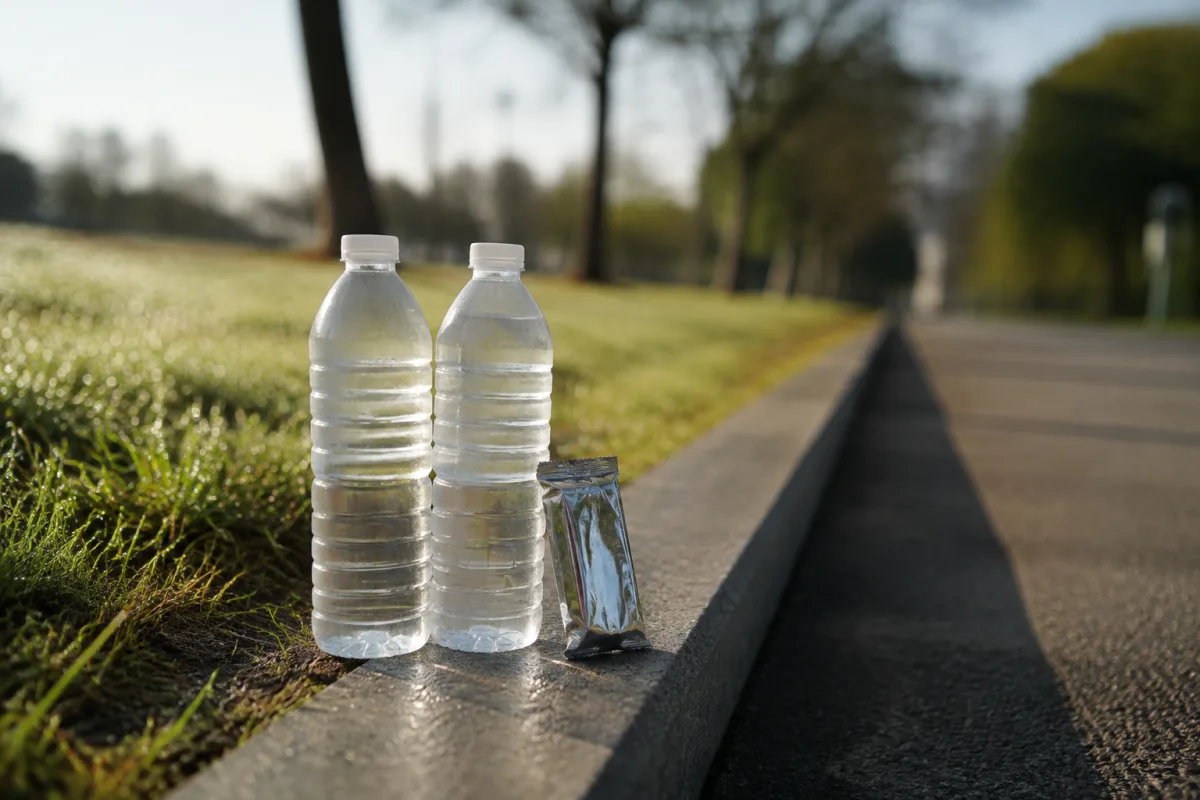 Dwie plastikowe butelki z wodą i owinięta folią przekąska ustawione przy krawężniku obok pustej ścieżki parkowej, poranne światło