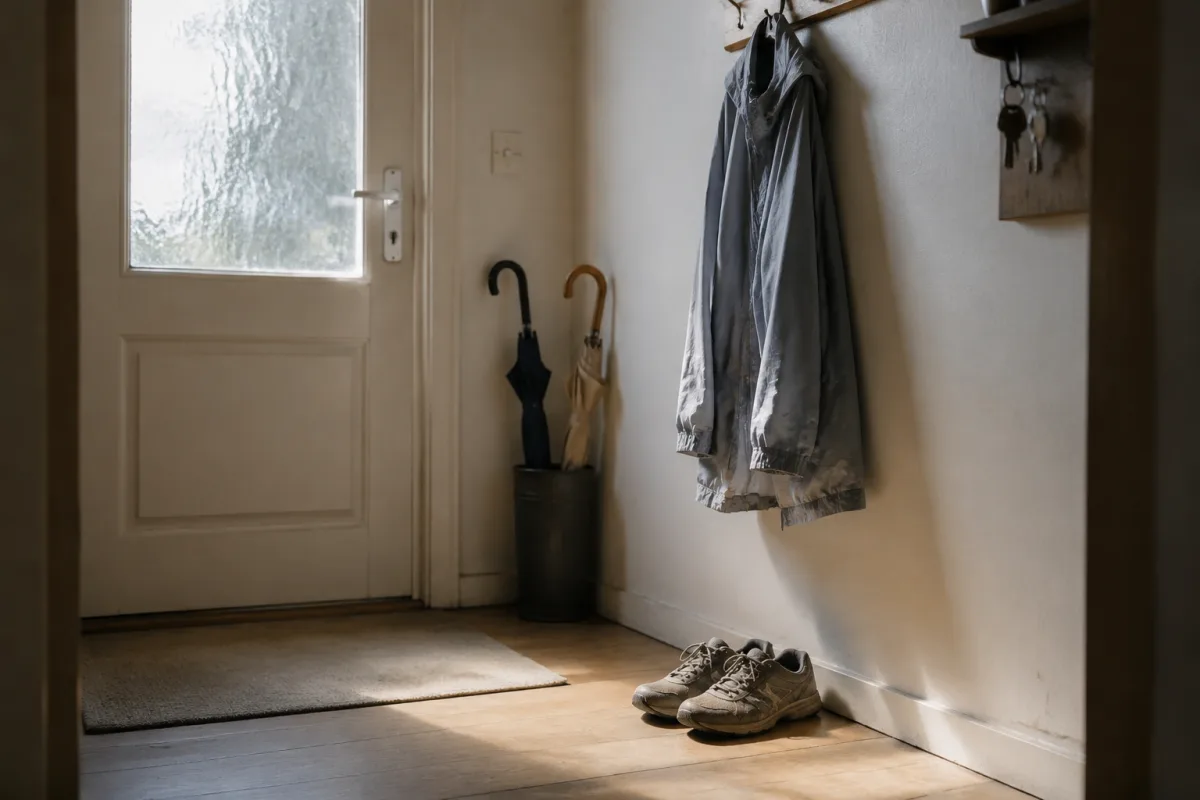 Buty do biegania i lekka kurtka przy drzwiach w przedpokoju, obok stojak na parasole, poranne światło przez szybę w drzwiach