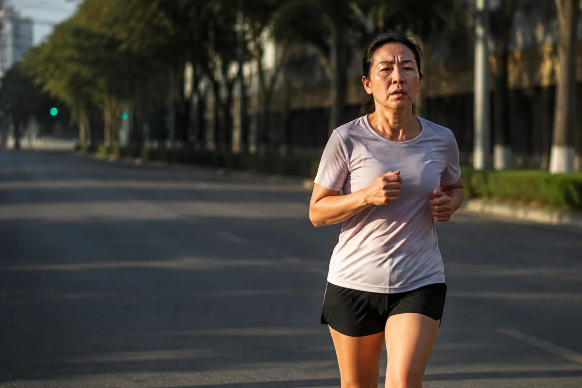 Biegaczka amatorka w końcowej fazie miejskiego półmaratonu, krok wyraźnie krótszy, przedramiona uniesione wyżej przy klatce, twarz skupiona, pusta ulica i długie cienie