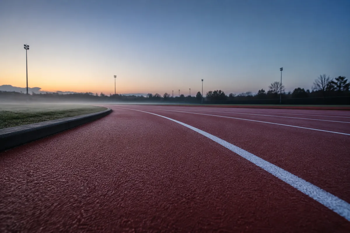 Pusta bieżnia lekkoatletyczna o świcie, kadr nisko przy ziemi wzdłuż wewnętrznego toru, białe linie zbiegające się w perspektywie na łuku