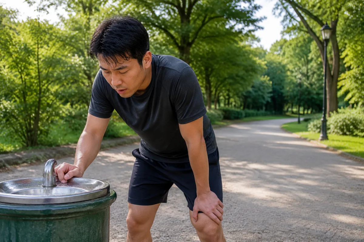 Biegacz amator zatrzymany przy parkowym poidełku w połowie długiego wybiegania, jedna ręka na kurku, oddech spokojny, pusta żwirowa alejka w tle