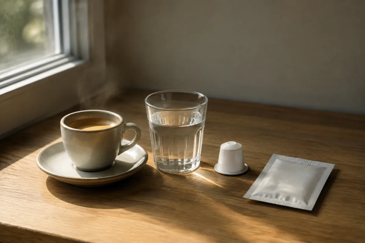 Filiżanka espresso i szklanka wody na blacie, obok kapsułka i saszetka żelu, wczesnoporanne światło z okna
