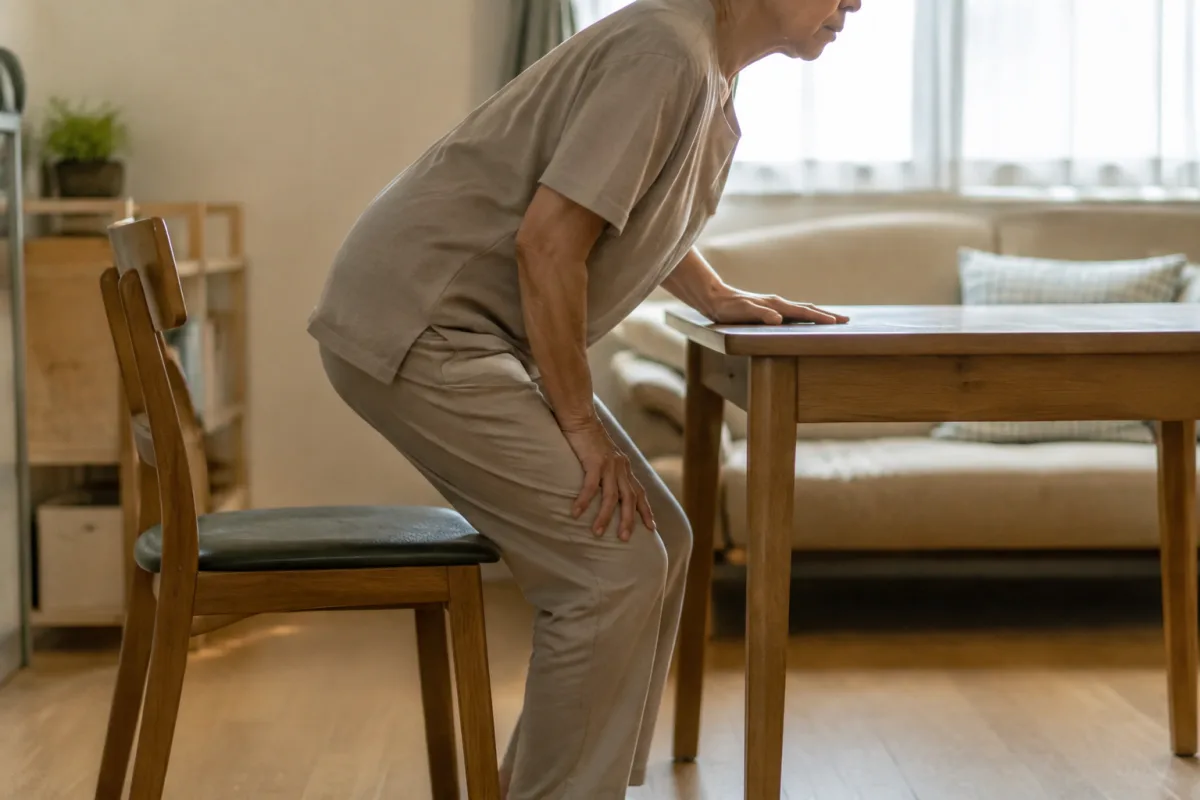 Osoba wstaje z krzesła przy stole w domowym pokoju, jedna dłoń opiera się o blat, druga o udo, ruch wyraźnie ostrożny