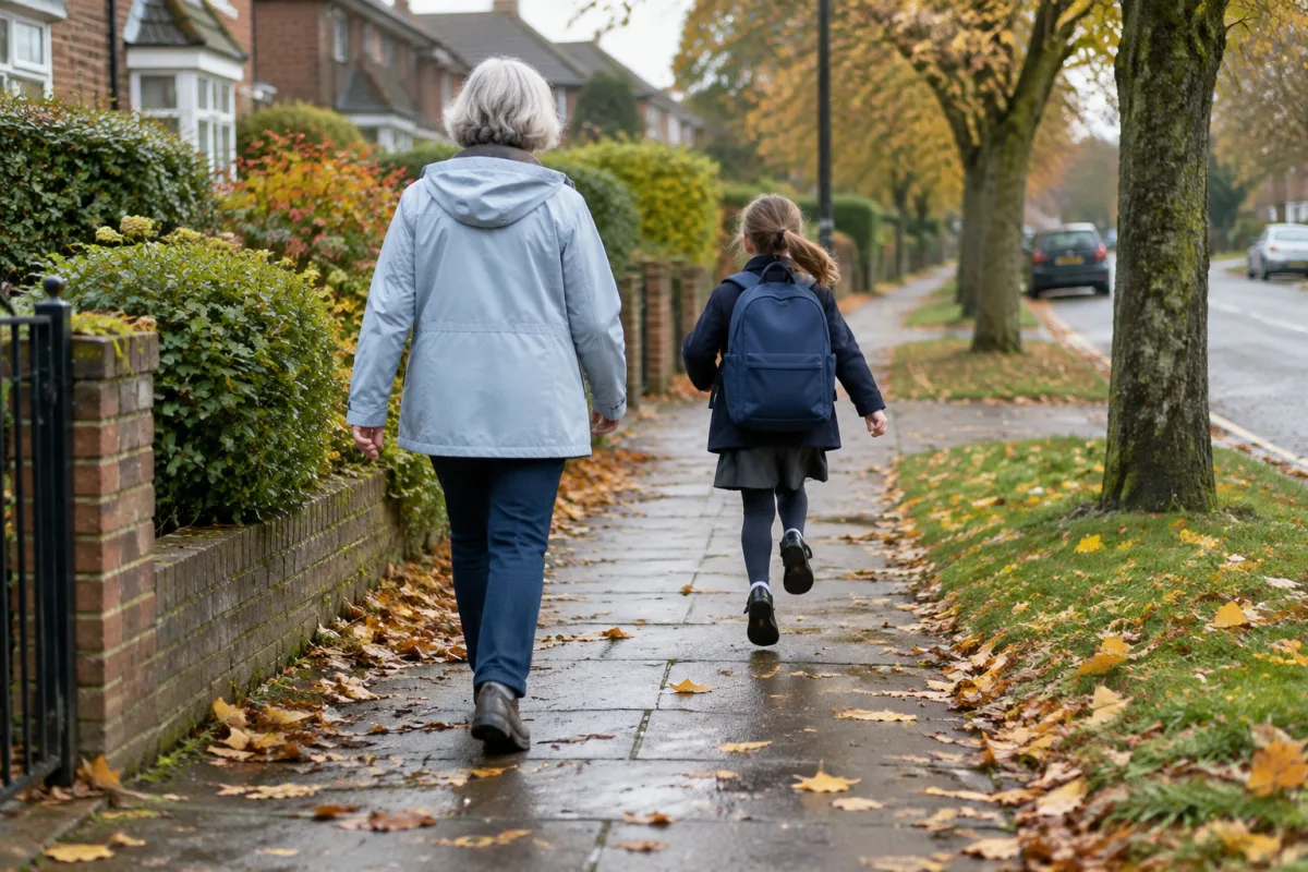 Kobieta po sześćdziesiątce w kurtce przeciwdeszczowej odprowadza dziecko w wieku szkolnym chodnikiem osiedlowej ulicy rano, oboje widziani od tyłu, dziecko z tornistrem wyrywa się kilka kroków do przodu