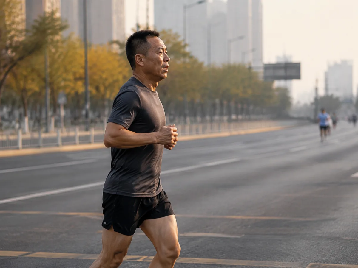 Biegacz amator w średnim wieku w drugiej połowie maratonu miejskiego, sylwetka wyprostowana mimo zmęczenia, krok krótki i niski, ulica w porannym słońcu