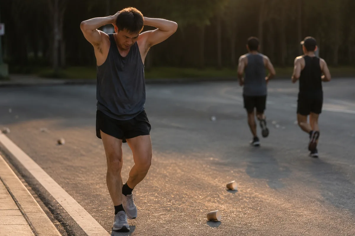 Biegacz amator idący poboczem trasy maratonu z dłońmi splecionymi na karku, głowa opuszczona, w tle inni biegacze mijający go w truchcie, późne popołudniowe światło