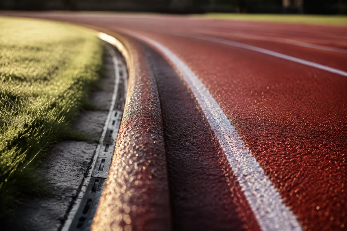 Zbliżenie na wewnętrzny krawężnik bieżni lekkoatletycznej i białą linię pierwszego toru, kadr nisko przy ziemi, w tle rozmyte linie kolejnych torów