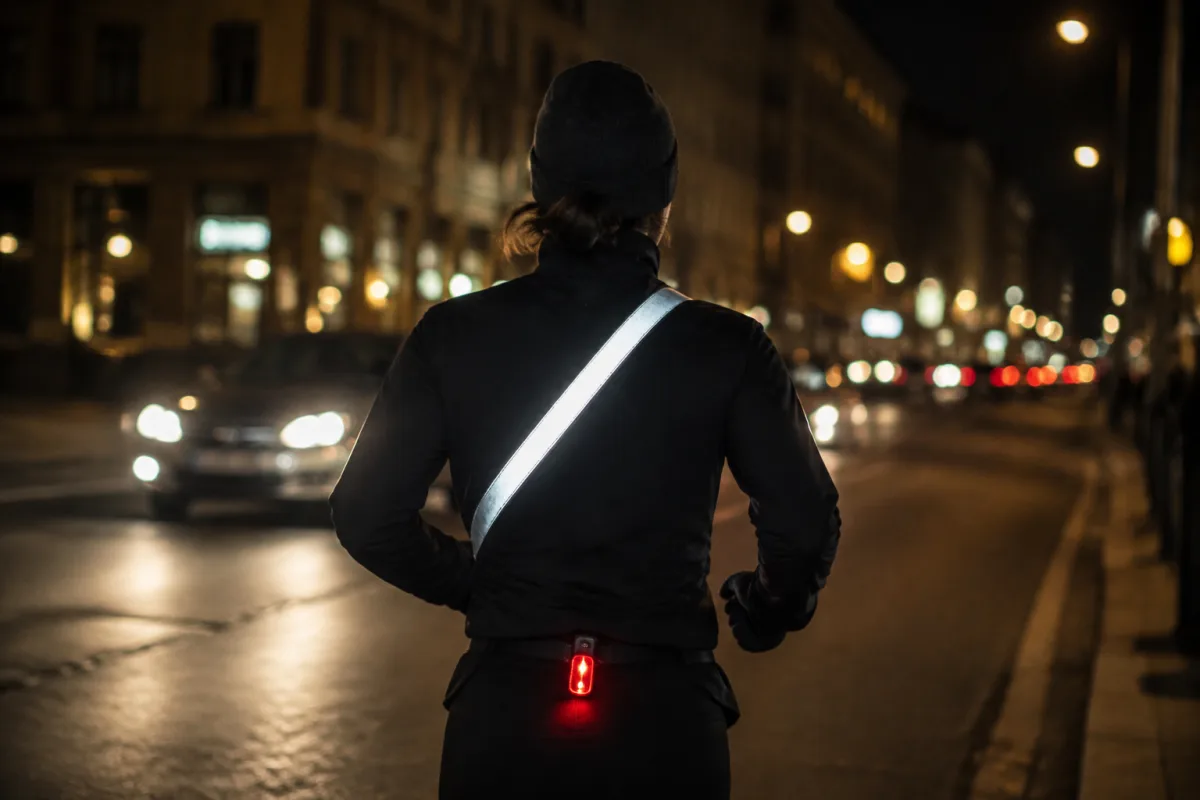 Biegacz w ciemnym stroju z odblaskową opaską na ramieniu i lampką na plecach na wieczornej ulicy, światło reflektorów samochodu odbija się od odblasków jasnym punktem