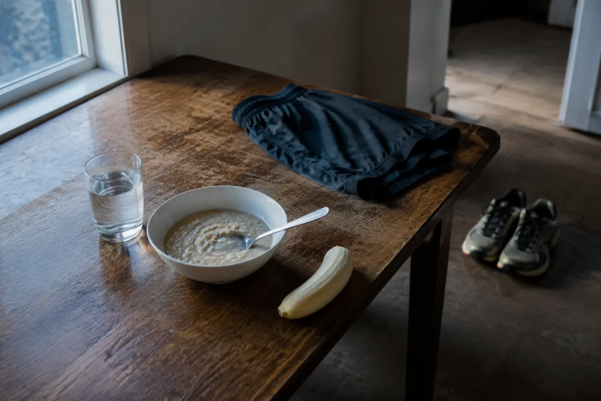 Miska owsianki na wodzie, obrany banan i szklanka wody na drewnianym blacie kuchennym o świcie, obok leżą złożone spodenki biegowe i buty do biegania