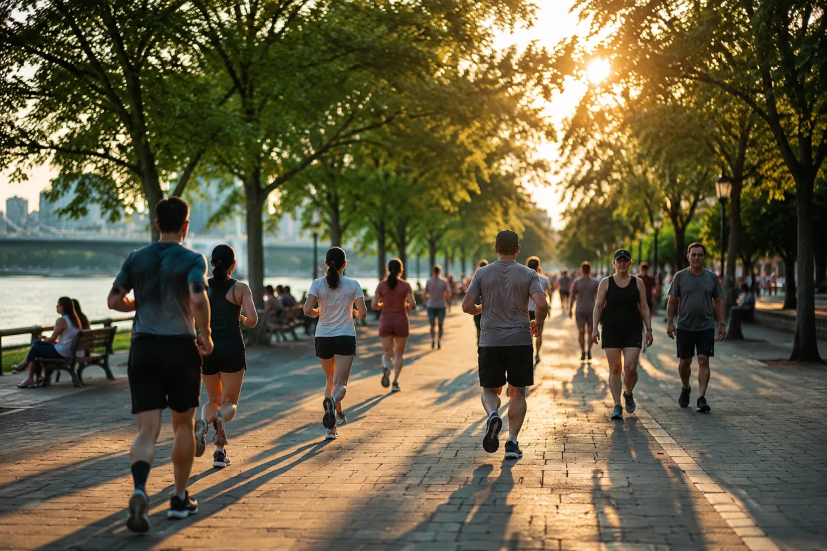 Grupa dorosłych biega i spaceruje szeroką miejską promenadą w ciepłym świetle późnego popołudnia, długie cienie, drzewa po obu stronach