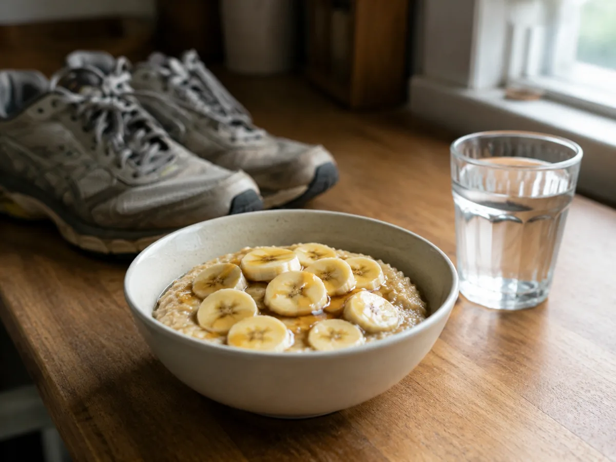 Miska owsianki z plasterkami banana i łyżką miodu na drewnianym blacie kuchennym, obok szklanka wody, poranne światło z okna, w tle rozmyte buty biegowe