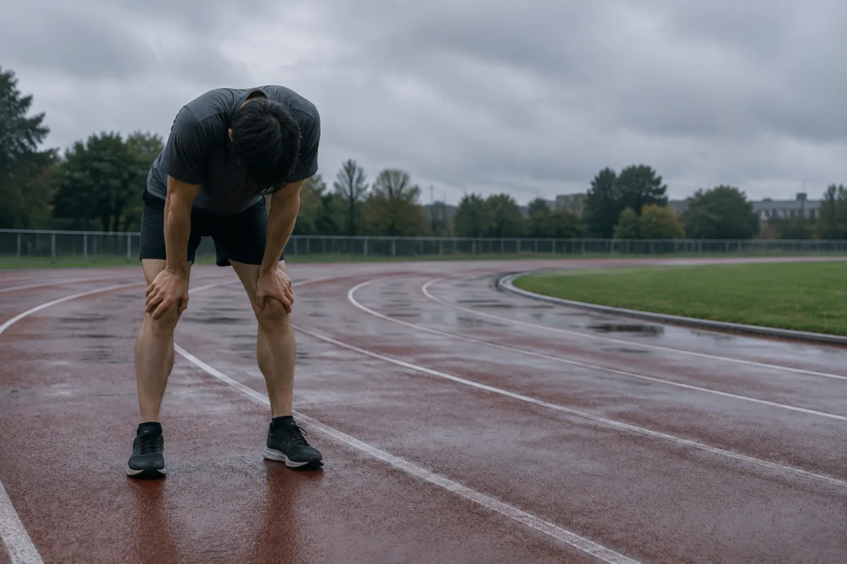 Biegacz zatrzymany na zakręcie bieżni lekkoatletycznej w szary dzień, pochylony, dłonie oparte na udach, pusta bieżnia za nim