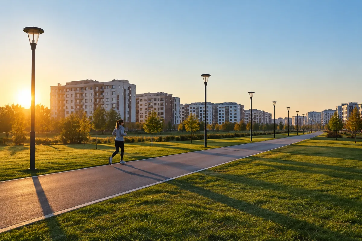 Biegacz truchta płaską asfaltową pętlą przez osiedlowy park tuż po wschodzie słońca, rząd identycznych latarni wzdłuż alejki znika w oddali