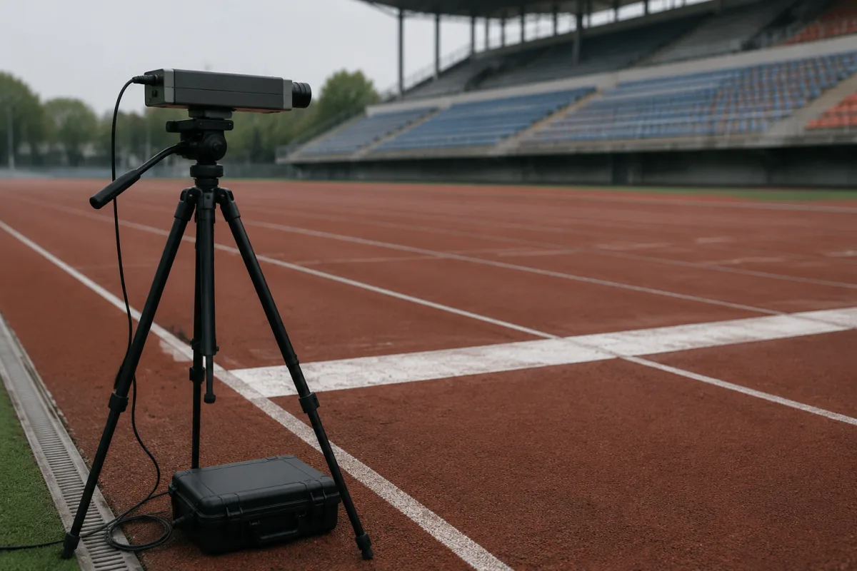 Wąska kamera pomiaru czasu na solidnym statywie ustawiona przy linii mety pustej bieżni lekkoatletycznej, kable biegnące wzdłuż nogi statywu do zamkniętej walizki na ziemi