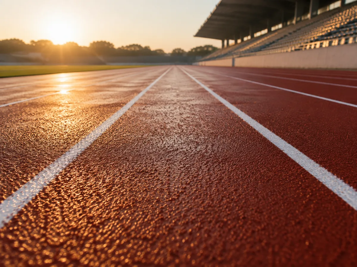 Pusta prosta sprinterska stadionu lekkoatletycznego o wschodzie słońca, ujęcie z bardzo niskiego punktu, linie torów zbiegają się w oddali, czerwona nawierzchnia mokra od rosy