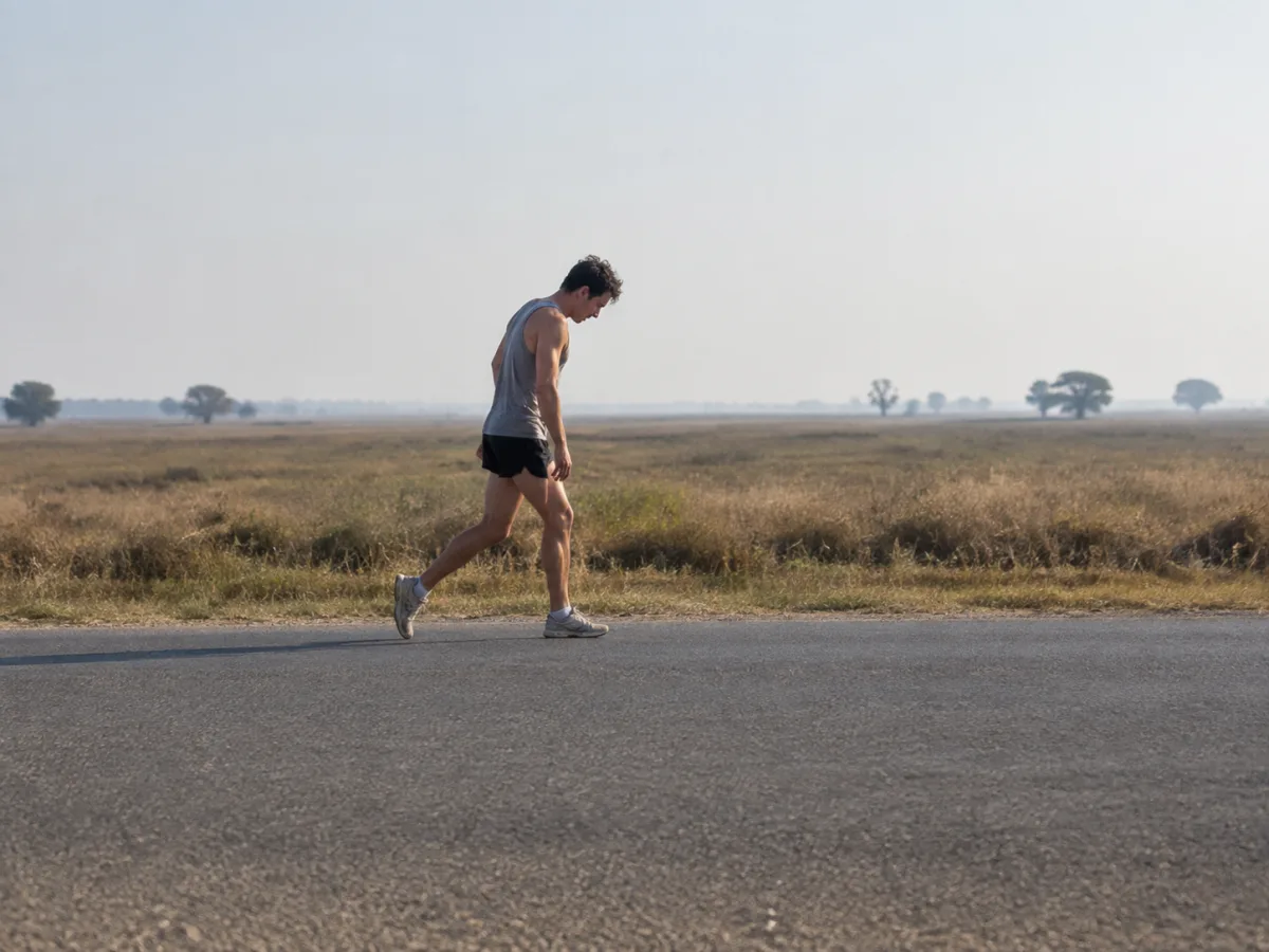 Biegacz amator w trzeciej godzinie maratonu na szerokiej miejskiej ulicy, ciężki krok, opuszczone barki, mijają go inni uczestnicy, późne poranne światło