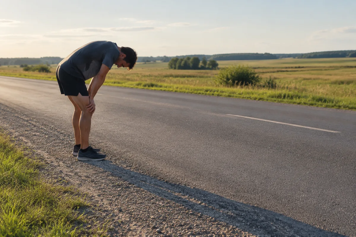 Biegacz amator przechodzi do marszu przy krawędzi ulicy w trzeciej godzinie maratonu, dłonie oparte na biodrach, wzrok w asfalt, w tle rozmyci inni uczestnicy biegnący dalej