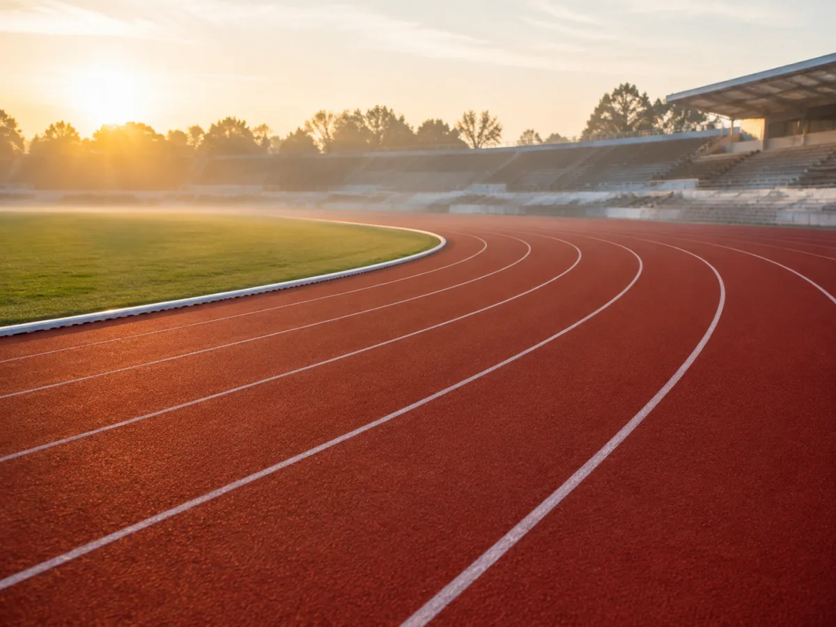 Pusty stadion lekkoatletyczny wczesnym rankiem, ceglastoczerwona nawierzchnia syntetyczna z białymi liniami torów, niski krawężnik po wewnętrznej stronie łuku
