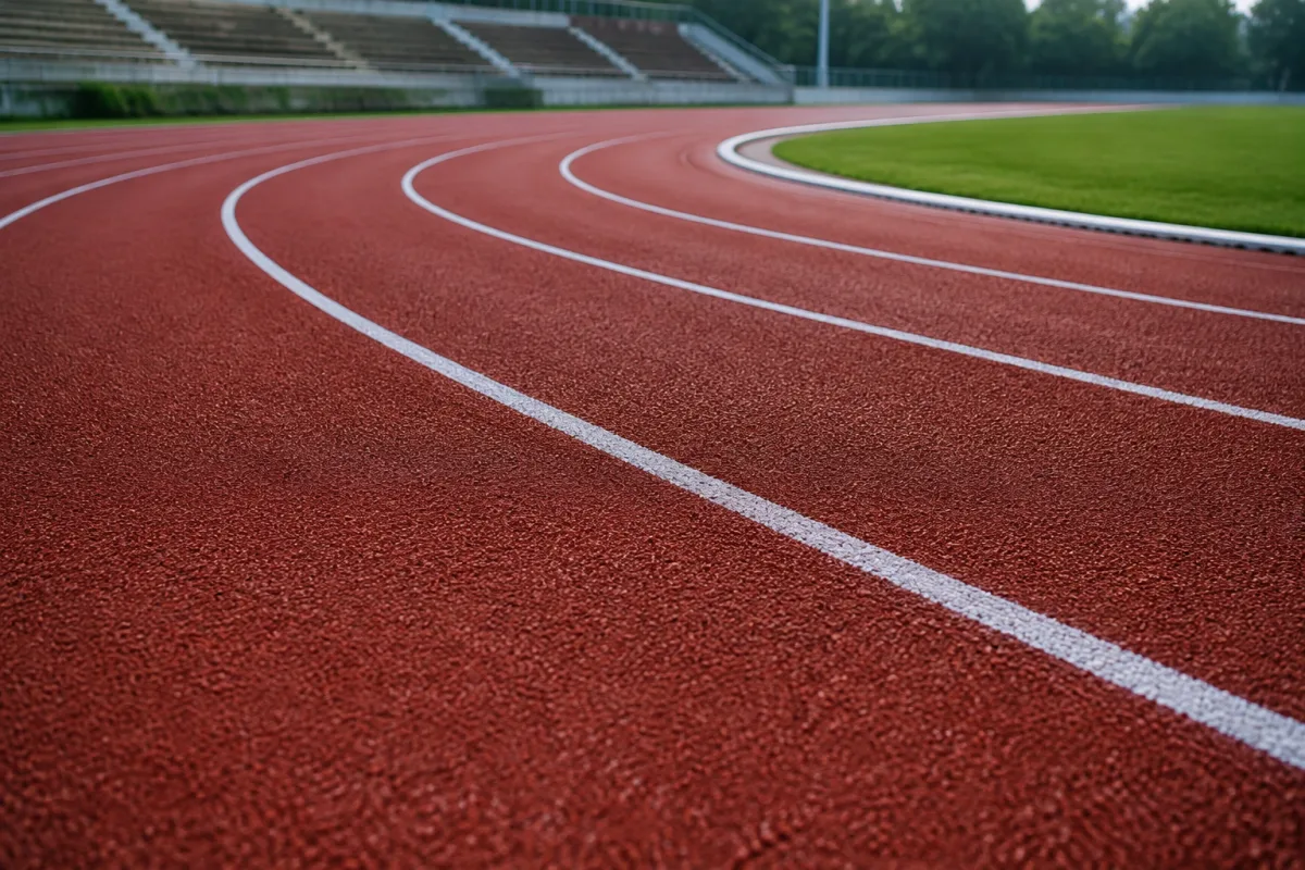 Białe linie torów i niski biały krawężnik na wewnętrznej krawędzi bieżni stadionu, ujęcie z poziomu ziemi wzdłuż łuku, wczesny poranek, pusty obiekt