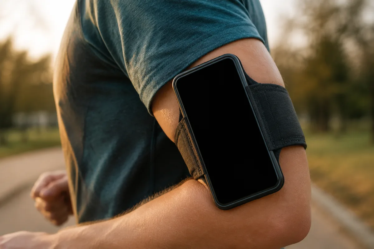 Zbliżenie na ramię biegacza w ruchu z materiałową opaską trzymającą telefon powyżej łokcia, wygaszony ekran, poranne światło