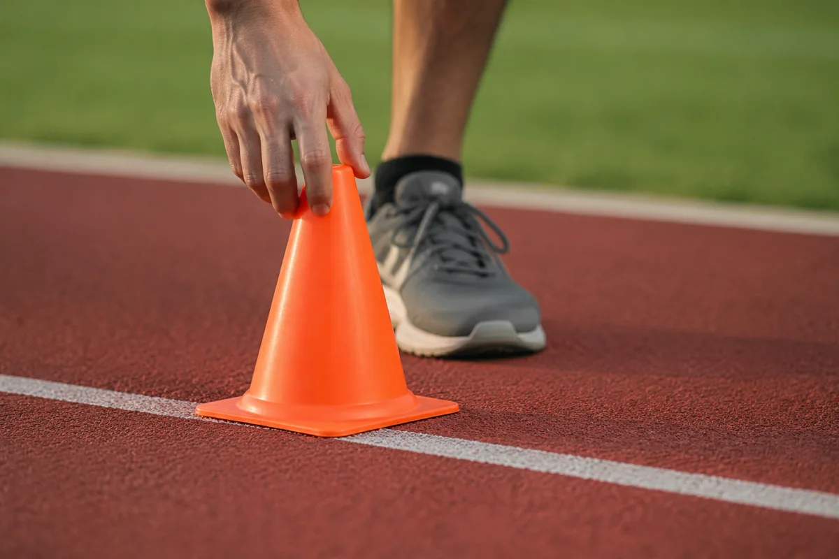Dłoń ustawia gładki pomarańczowy pachołek na białej linii na skraju bieżni lekkoatletycznej