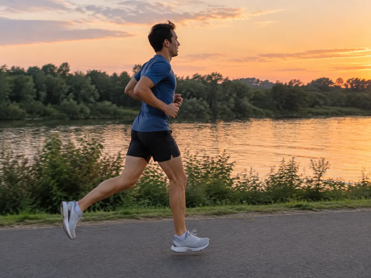 Biegacz w równym, mocnym tempie na asfaltowej ścieżce nad spokojną rzeką o zachodzie słońca, rozluźnione barki, ramiona pracują blisko tułowia, w tle drzewa i nadrzeczne zarośla