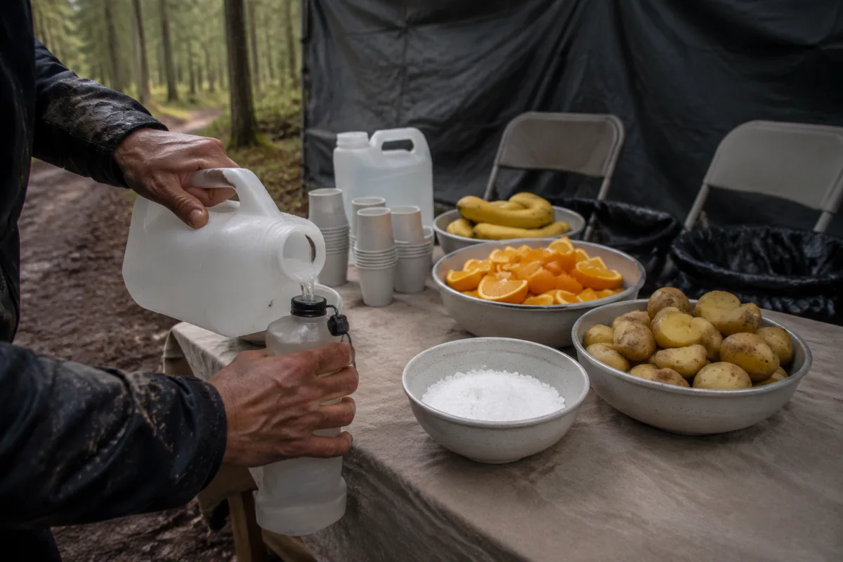Prosty stół na kozłach przy leśnej drodze, na nim miski z gotowanymi ziemniakami, solą, pokrojonymi owocami i banany, obok kubki i dzbanki, czyjeś dłonie napełniają miękką butelkę
